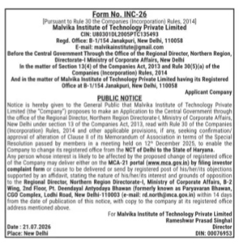 Advertisement for the shifting of the registered office of Malvika Institute of Technology Private Limited from Delhi to Haryana.