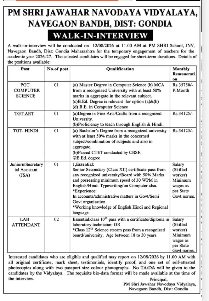 Advertisement for Walk-In-Interview at PM Shri Jawahar Navodaya Vidyalaya, Navegaon Bandh