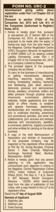 Advertisement Giving Notice About Registration of SVAR GEMS LLP as a Company Limited by Shares