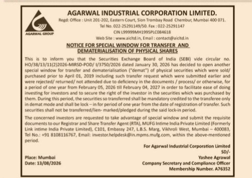 Agarwal Industrial Corp: Public Notice on Physical Share Demat Window
