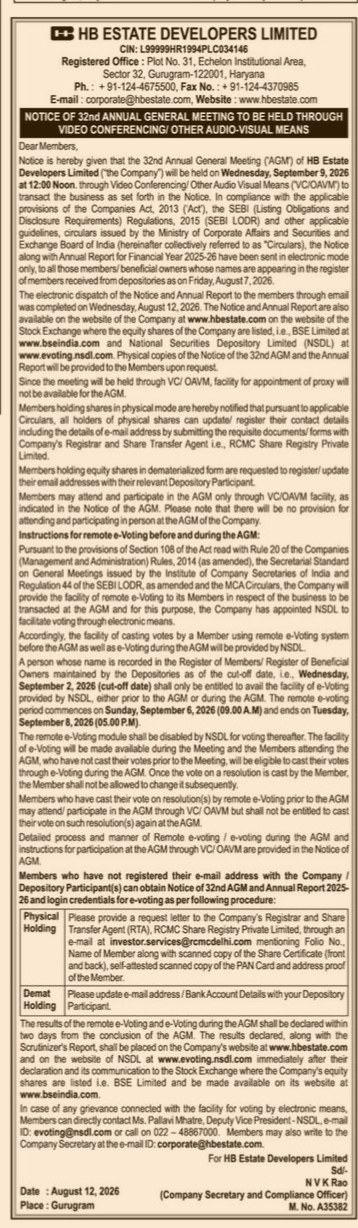 AGM Notice: HB Estate Developers Limited