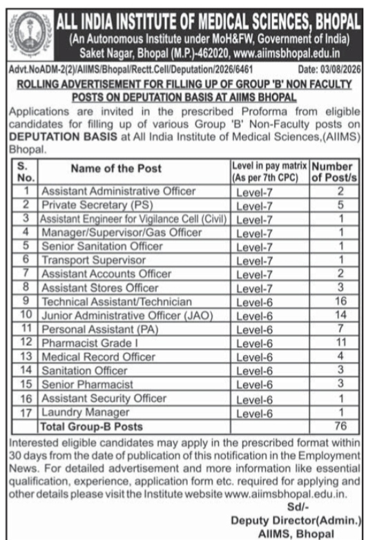 AIIMS Bhopal Group 'B' Non-Faculty Deputation Recruitment 2026