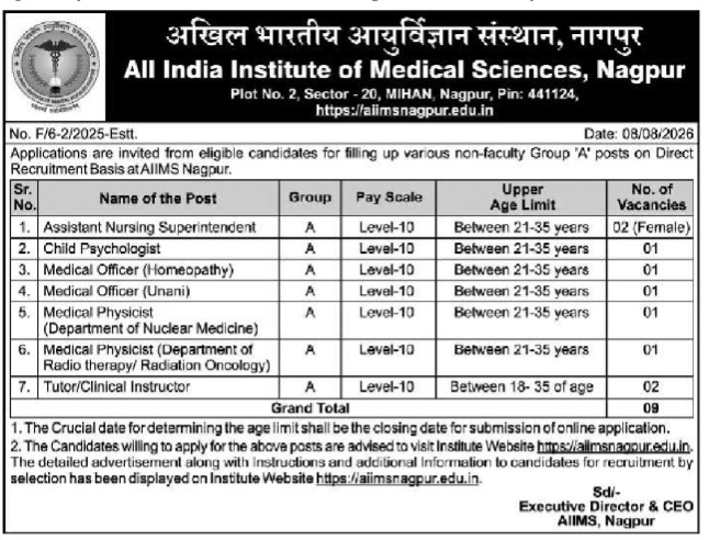 AIIMS Nagpur Group 'A' Non-Faculty Direct Recruitment 2026