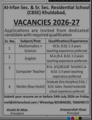 Al-Irfan School Khuldabad Teacher & Warden Recruitment 2026