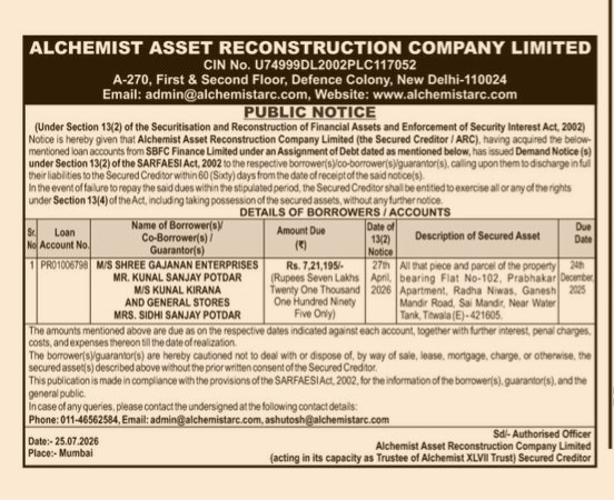 Alchemist Asset Reconstruction Co. Public Notice for M/S Shree Gajanan Enterprises