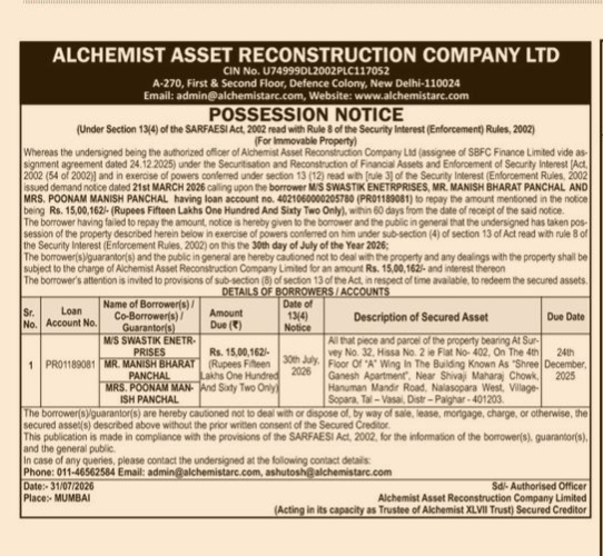 Alchemist Asset Reconstruction Company Ltd — Possession Notice
