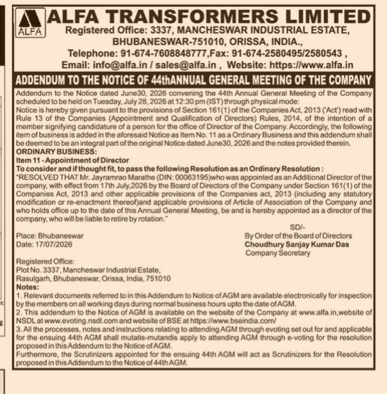 Alfa Transformers Limited - Addendum to the Notice of 44th AGM