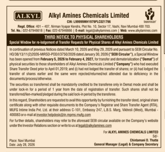 Alkyl Amines Chemicals Limited: Third Notice to Physical Shareholders