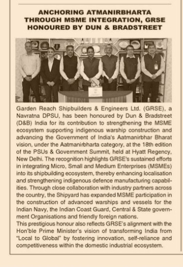ANCHORING ATMANIRBHARTA THROUGH MSME INTEGRATION, GRSE HONOURED BY DUN & BRADSTREET
