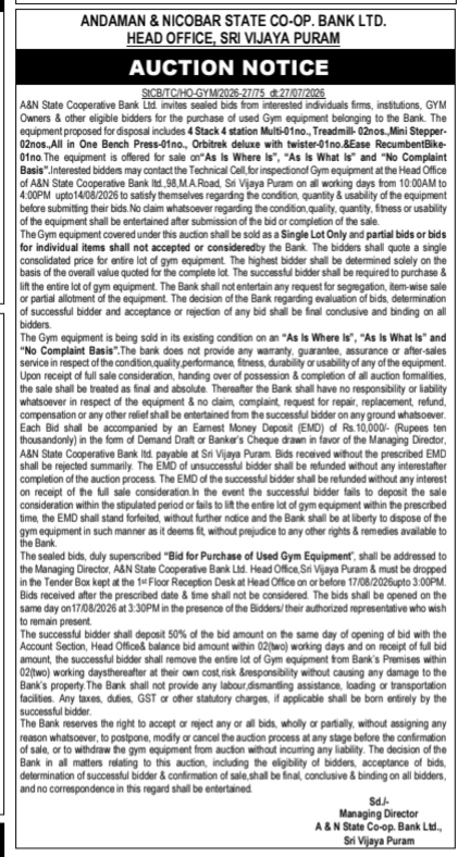 Andaman & Nicobar State Co-op. Bank Ltd. Gym Equipment Auction Notice