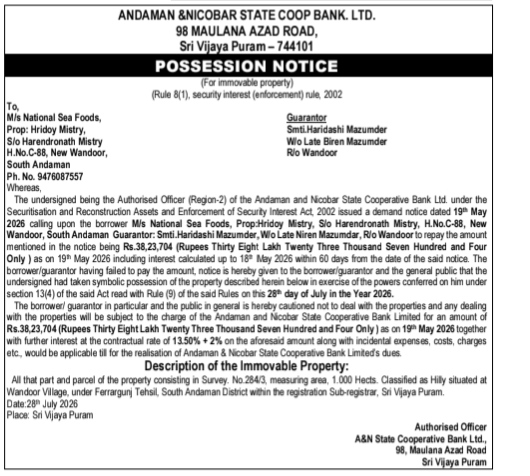 Andaman & Nicobar State Coop Bank. Ltd [98 Maulana Azad Road, Sri Vijaya Puram – 744101].