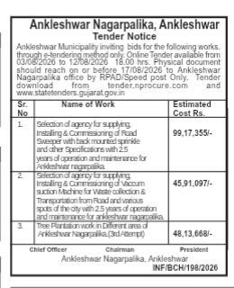 Ankleshwar Nagarpalika Tender Notice for Various Works (August 2026)