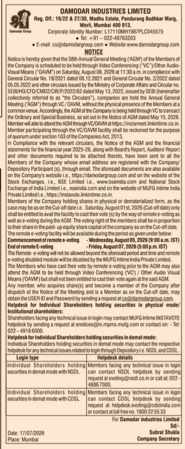 ANNUAL GENERAL MEETING OF DAMODAR INDUSTRIES LIMITED