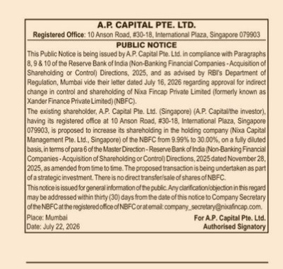 A.P. Capital Pte. Ltd. Public Notice regarding Shareholding Increase in Nixa Fincap Private Limited