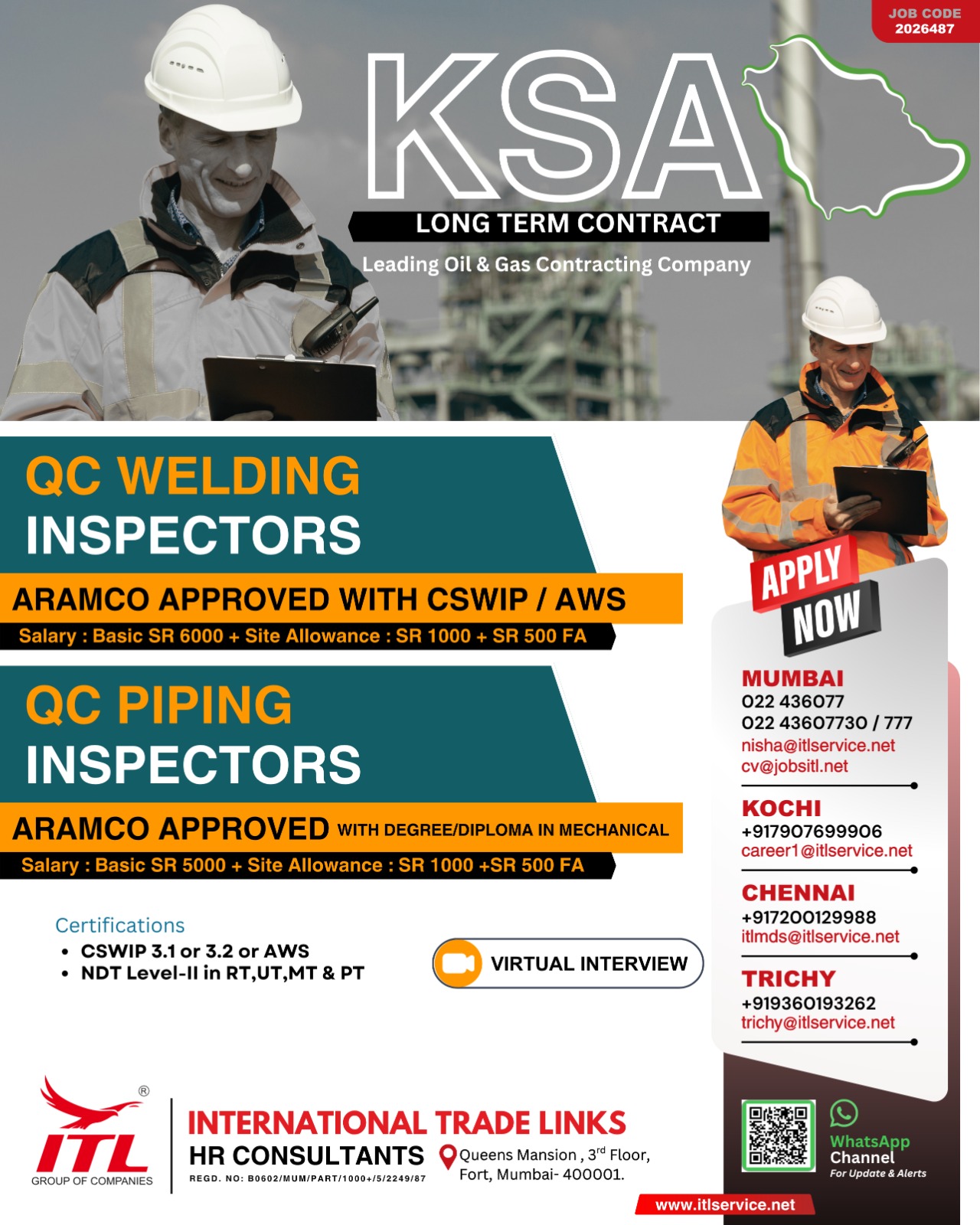 Aramco Approved QC Welding and Piping Inspectors Recruitment Flyer