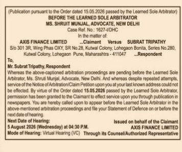 Arbitration Notice: Axis Finance Limited vs. Subrat Tripathy