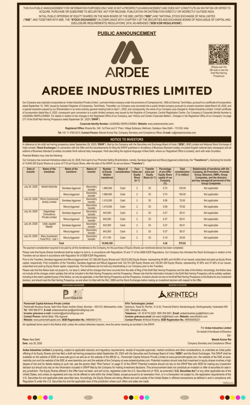 Ardee Industries Limited - Public Announcement