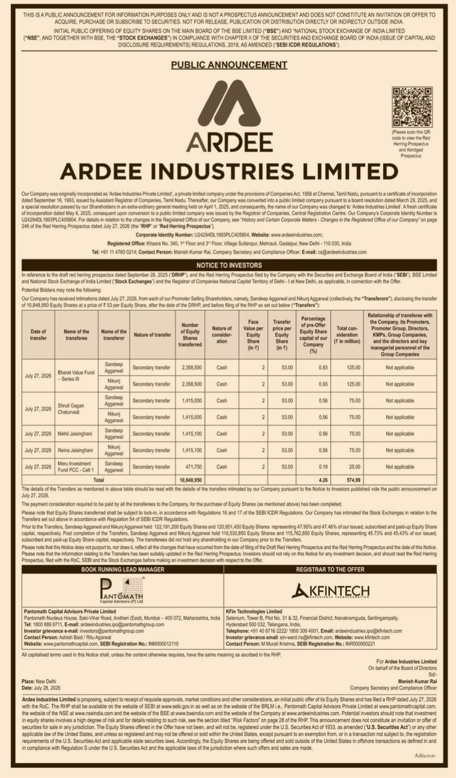 Ardee Industries Limited Public Announcement