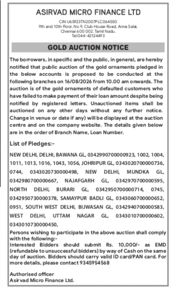 Asirvad Micro Finance Gold Auction Notice