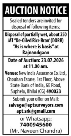 Auction Notice: Disposal of Partially Wet De-Oiled Rice Bran (DORB) at Rajnandgaon