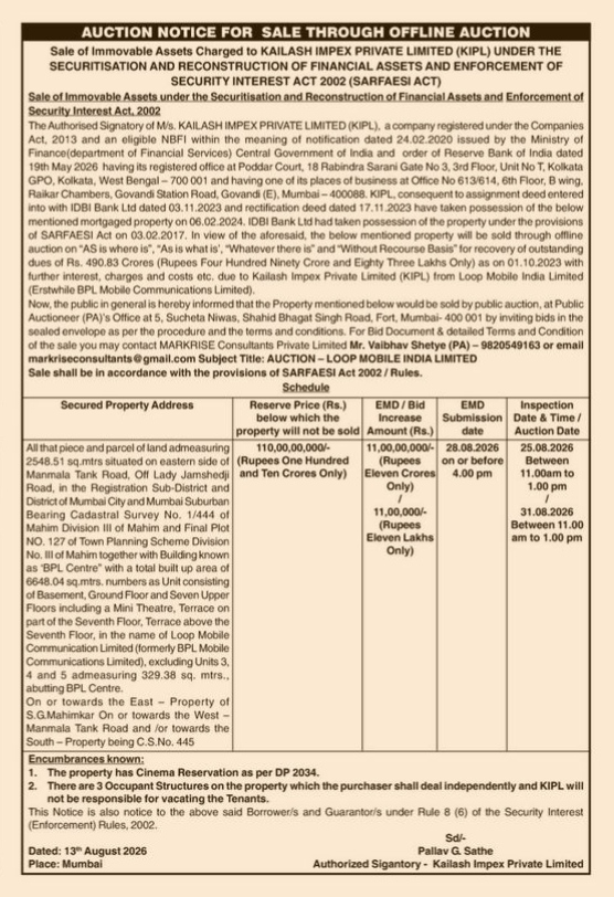 Auction Notice for Sale (Kailash Impex Private Limited)