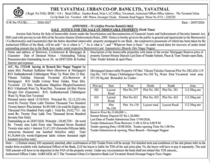 Auction Sale Notice for Immovable Property by The Yavatmal Urban Co-op. Bank Ltd.
