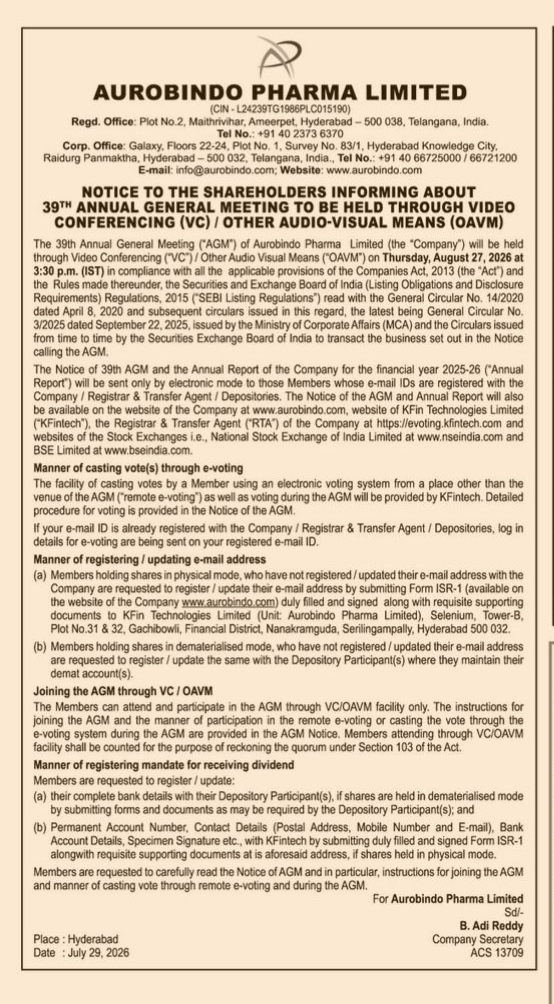 Aurobindo Pharma Limited: Notice of the 39th Annual General Meeting (AGM)