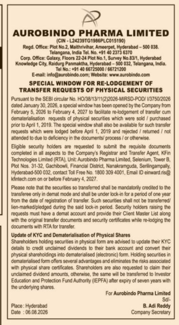 Aurobindo Pharma Limited: Public Notice on Re-Lodgement of Physical Securities and KYC Update