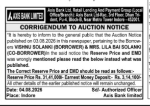 Axis Bank Corrigendum to Auction Notice (Indore)