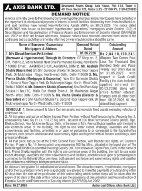 Axis Bank Demand Notice (M/s Glocal Services Pvt Ltd)