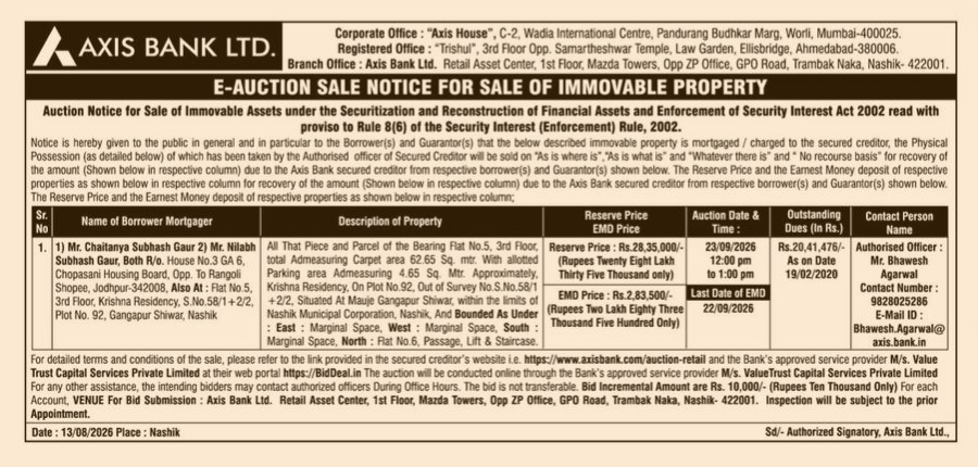 Axis Bank E-Auction Sale Notice for Immovable Property (Nashik)