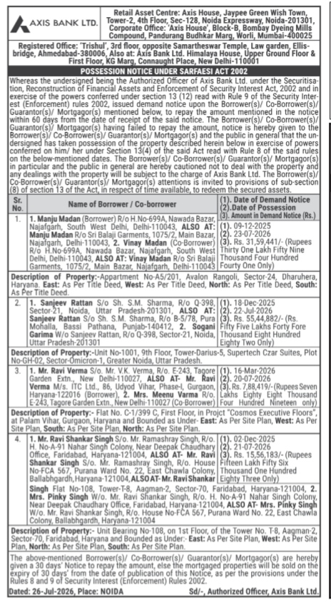 Axis Bank Ltd. Possession Notice Under SARFAESI Act 2002
