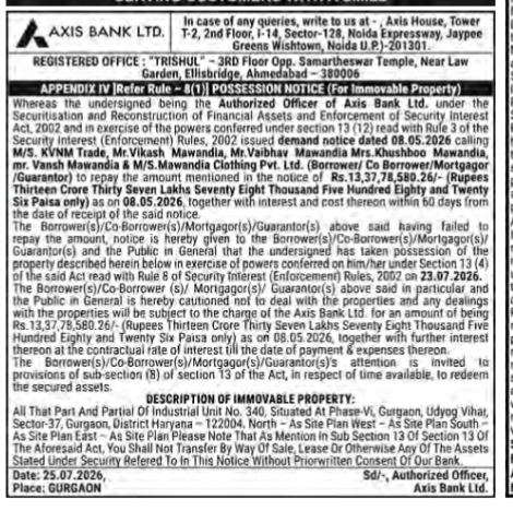 Axis Bank Possession Notice (SARFAESI Act)