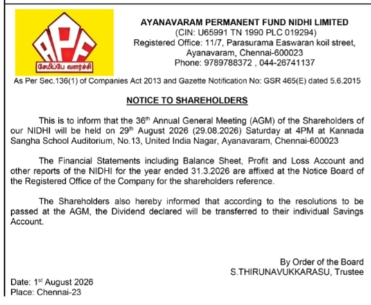 Ayanavaram Permanent Fund Nidhi Limited: Notice to Shareholders for 36th AGM