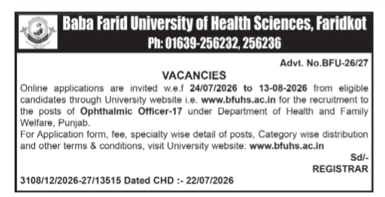 Baba Farid University of Health Sciences Ophthalmic Officer Recruitment 2026 Notification