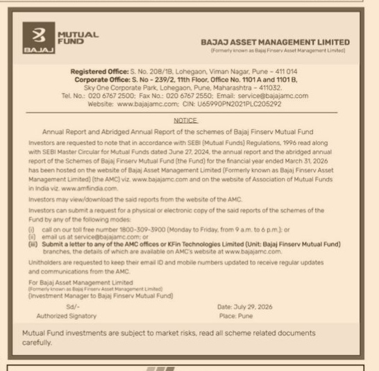 Bajaj Finserv Mutual Fund Annual Report Notice (FY 2025–2026)