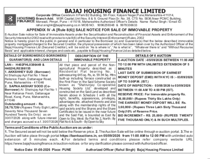 Bajaj Housing Finance Limited E-Auction Sale Notice