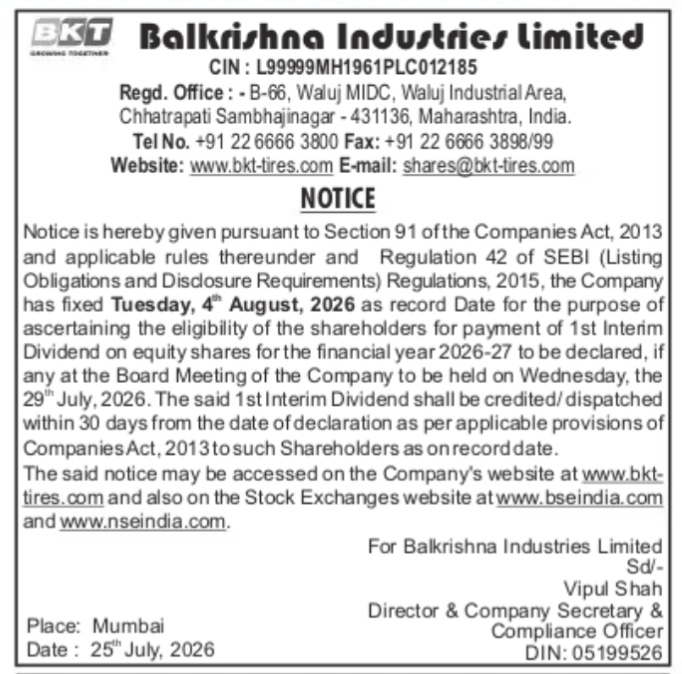 Balkrishna Industries Limited Notice of Record Date for 1st Interim Dividend (FY 2026-27)