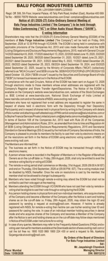 Balu Forge Industries Limited EOGM and E-Voting Notice (01/2026-27)