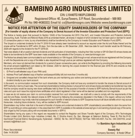 Bambino Agro Industries Limited – Public Notice for Share Transfer to IEPF