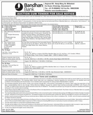 Bandhan Bank Auction Cum Tender For Sale Notice