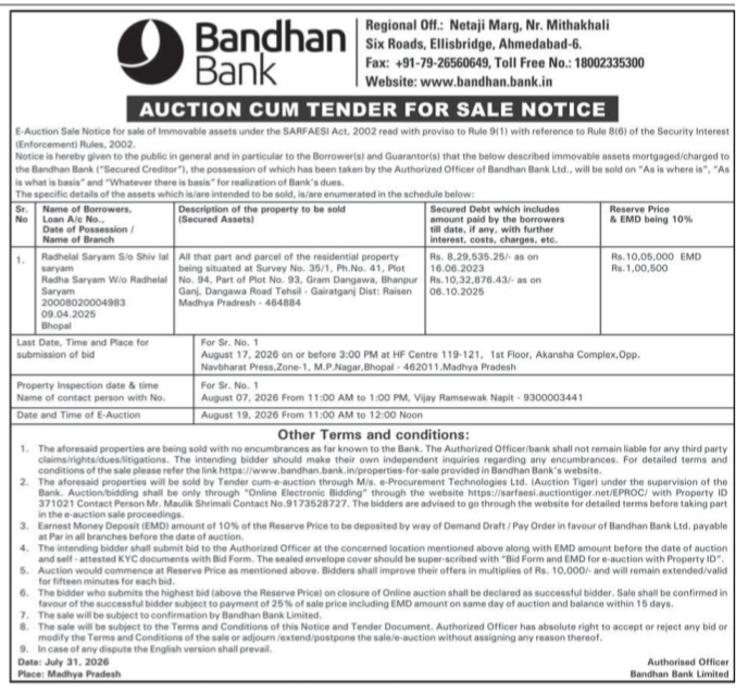 Bandhan Bank Auction Cum Tender for Sale Notice