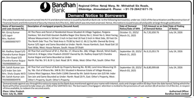 Bandhan Bank Demand Notice to Borrowers (July 31, 2026)