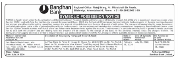 Bandhan Bank Symbolic Possession Notice