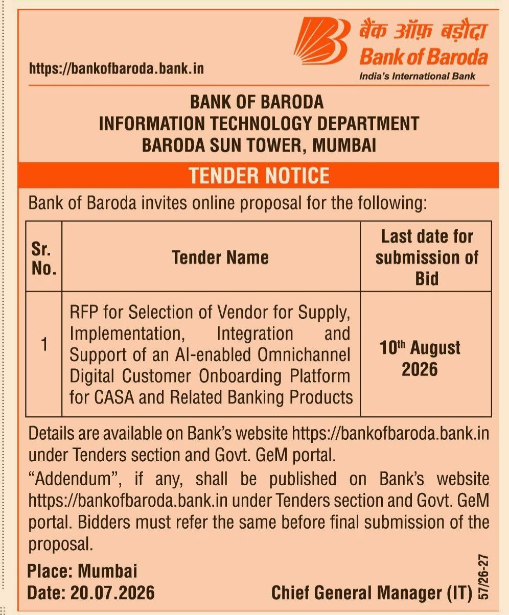 Bank of Baroda AI Customer Onboarding Platform Tender Notice