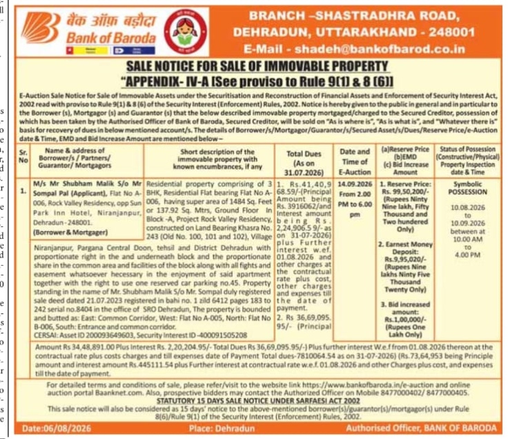 Bank of Baroda E-Auction Sale Notice for Immovable Property (Dehradun Branch)