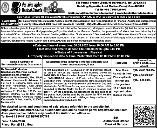 Bank of Baroda E-Auction Sale Notice for Immovable Property (FF-3, Sadashiv Plaza, Ponda, Goa)