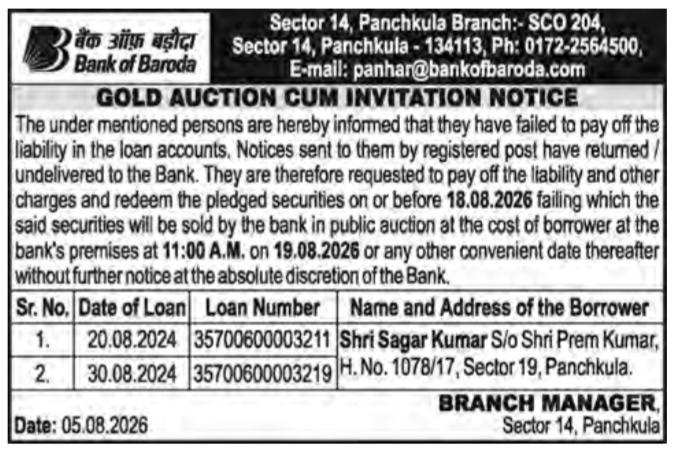 Bank of Baroda Gold Auction Cum Invitation Notice