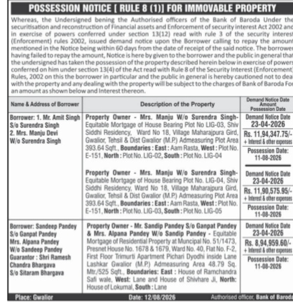 Bank of Baroda Immovable Property Possession Notice