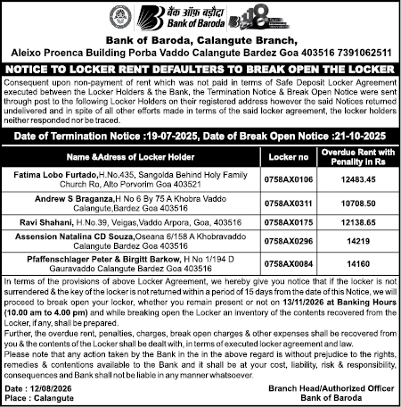 Bank of Baroda Notice to Locker Rent Defaulters